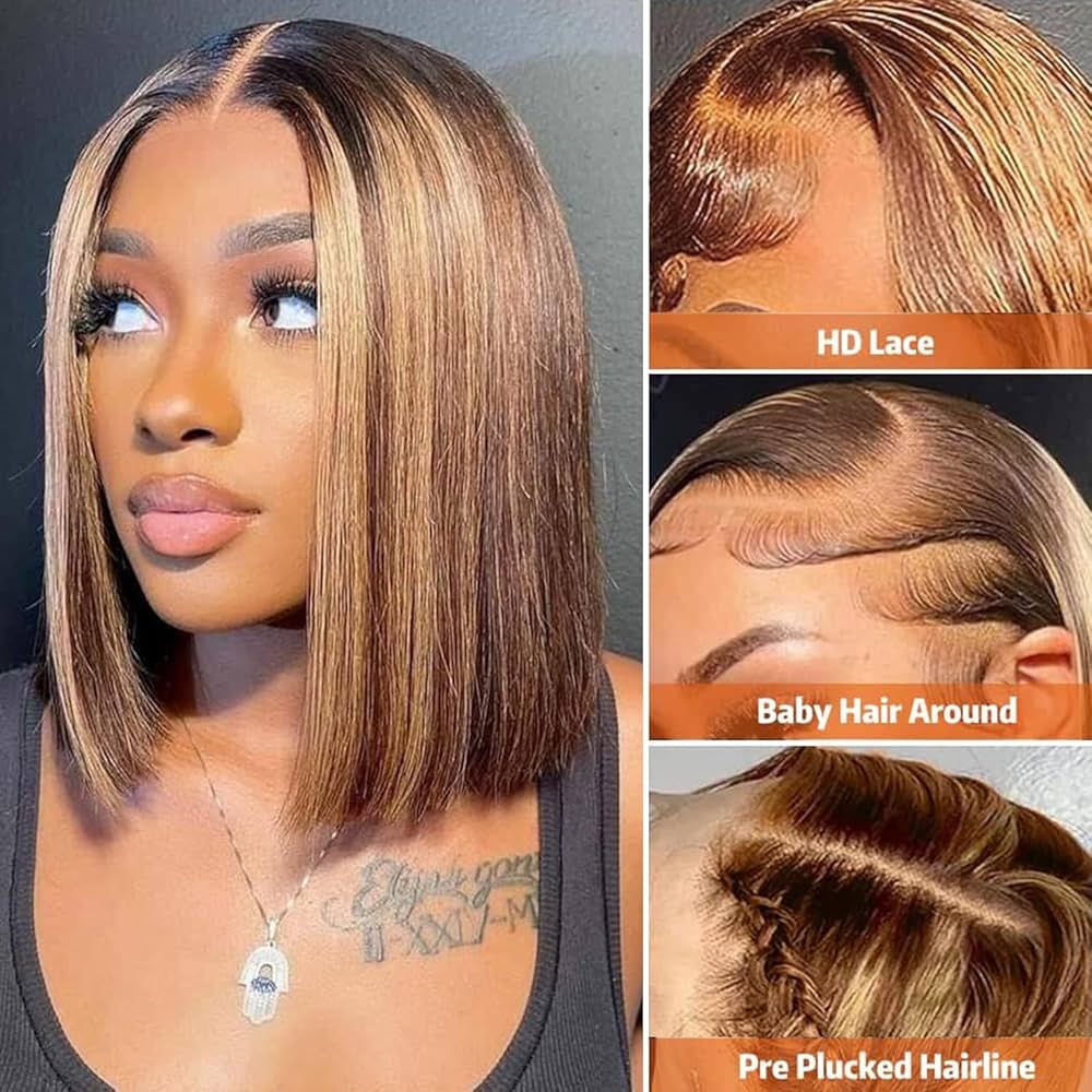 Honey Blonde Highlight P4/27 Bob Wig Human Hair 13x4 HD Lace Frontal Wig Ombre Brown 230% Density