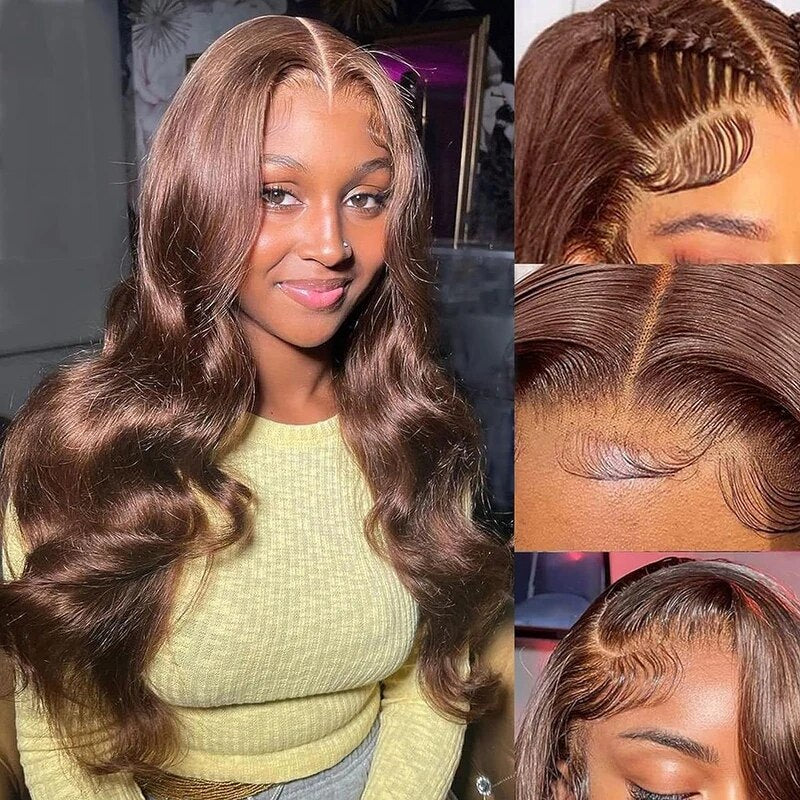 Pizazz New Chocolate Brown Wig Body Wave 13x6 Full Lace Drawstring Wig Pre Plucked Natural Hairline 250% Density