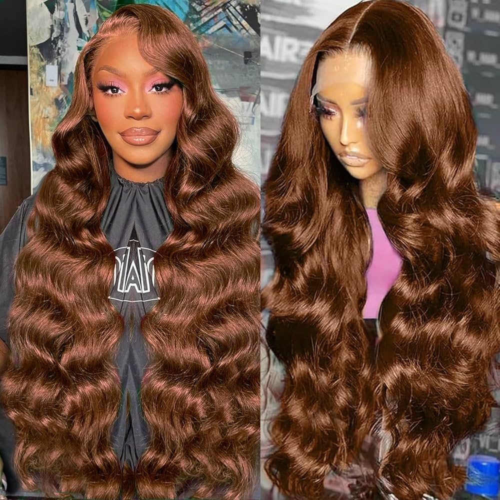 Pizazz New Chocolate Brown Wig Body Wave 13x6 Full Lace Drawstring Wig Pre Plucked Natural Hairline 250% Density