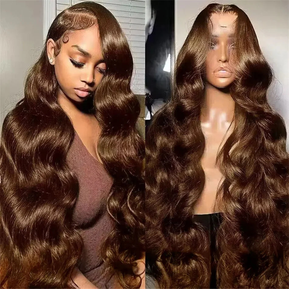 Pizazz New Chocolate Brown Wig Body Wave 13x6 Full Lace Drawstring Wig Pre Plucked Natural Hairline 250% Density