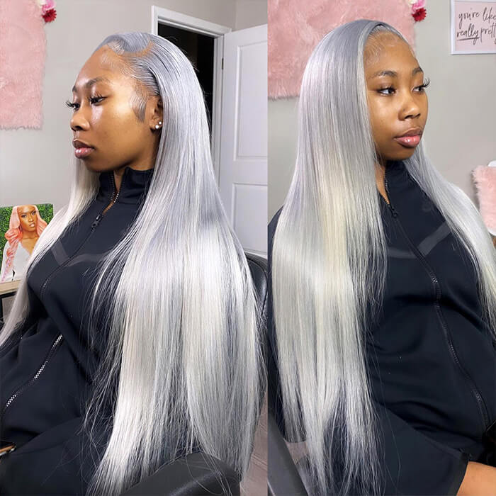 5*5 HD Silver Grey Straight Hair Colored Lace Front Wigs