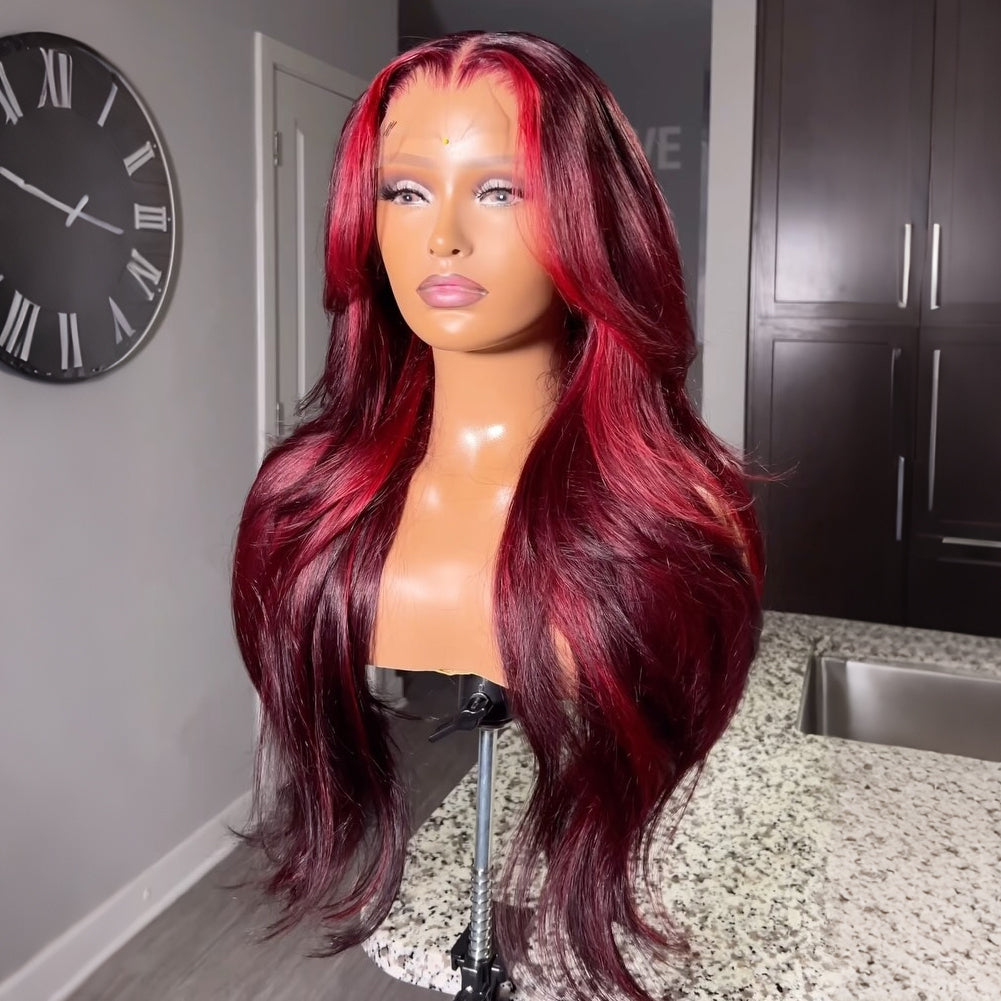 Highlight Red Mix Burgundy Loose Body Wave Wigs Glueless HD Lace Human Hair Wigs