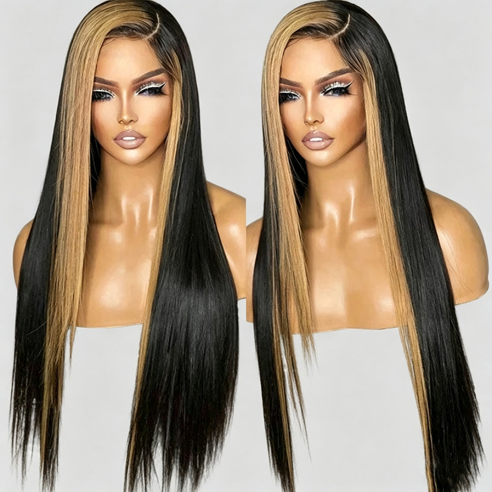Honey Blonde Face Frame Streak Highlight Bone Straight Long 13x4 13x6 Lace Frontal Wig