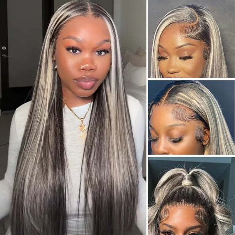 #1b/613 Black Wig with Blonde Highlight 13x4 HD Lace Front Human Hair Wigs