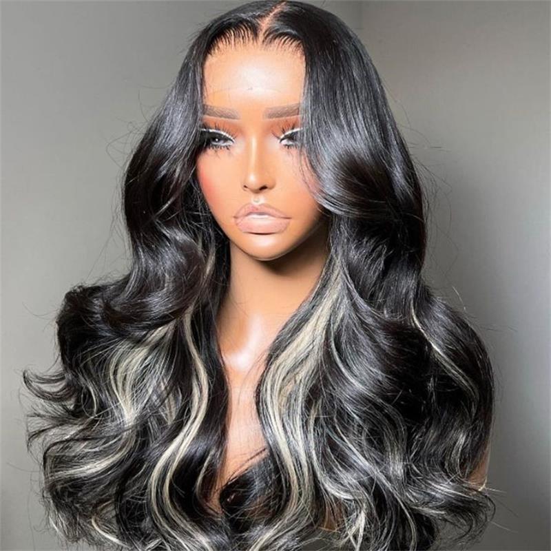 #1b/613 Black Wig with Blonde Highlight 13x4 HD Lace Front Human Hair Wigs