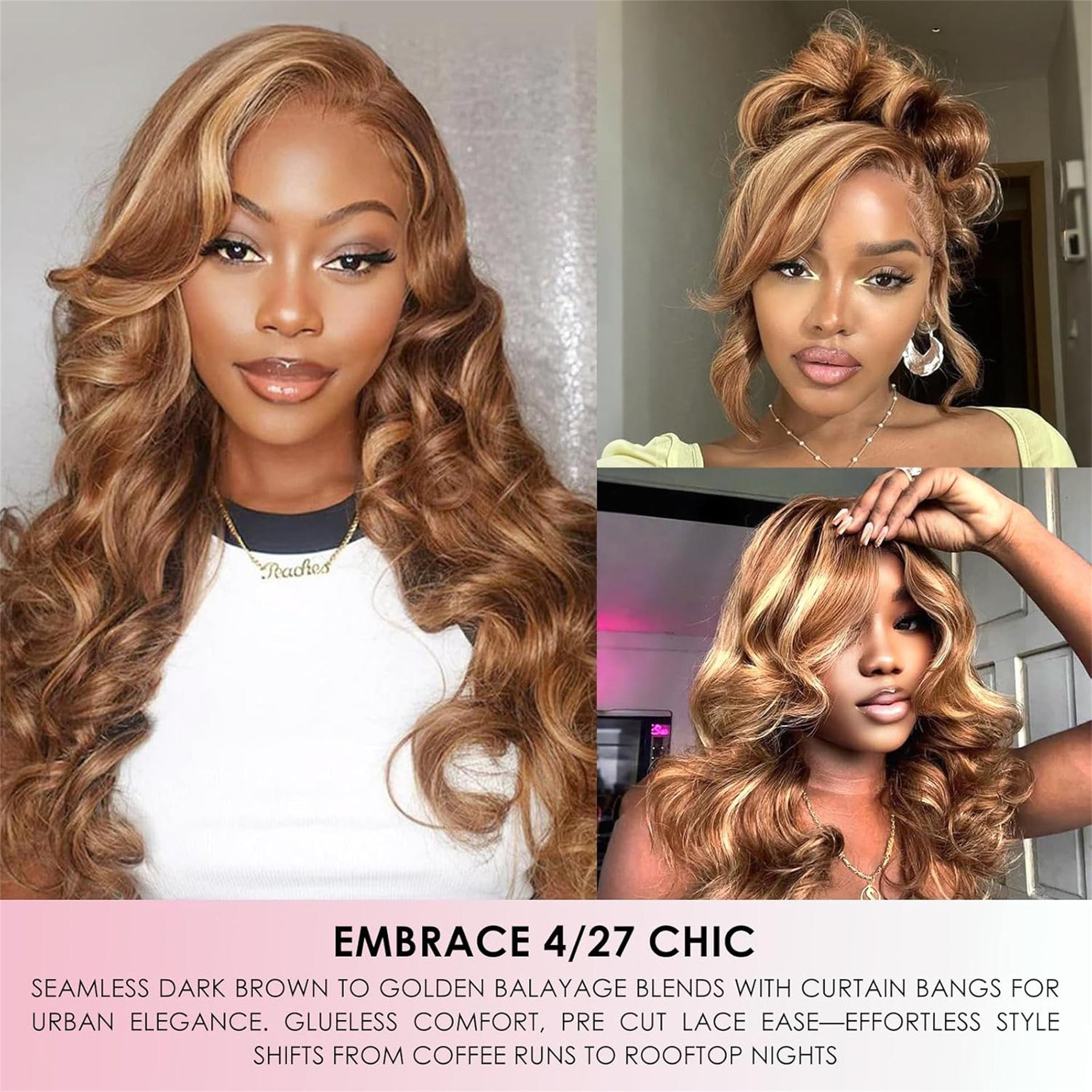 Curtain Bangs Highlight Honey Blonde Ombre 4/27 Body Wave Human Hair Glueless HD Lace Wigs