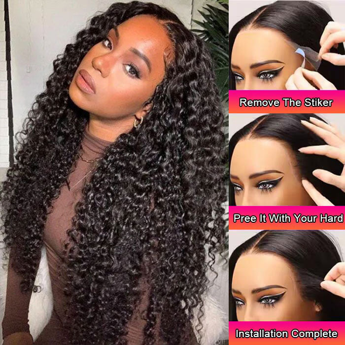 Pre Everything Glueless Wig Pre Cut HD Lace Wigs Human Hair Curly Wigs Pre Plucked Pre Bleached Natural Black Wigs