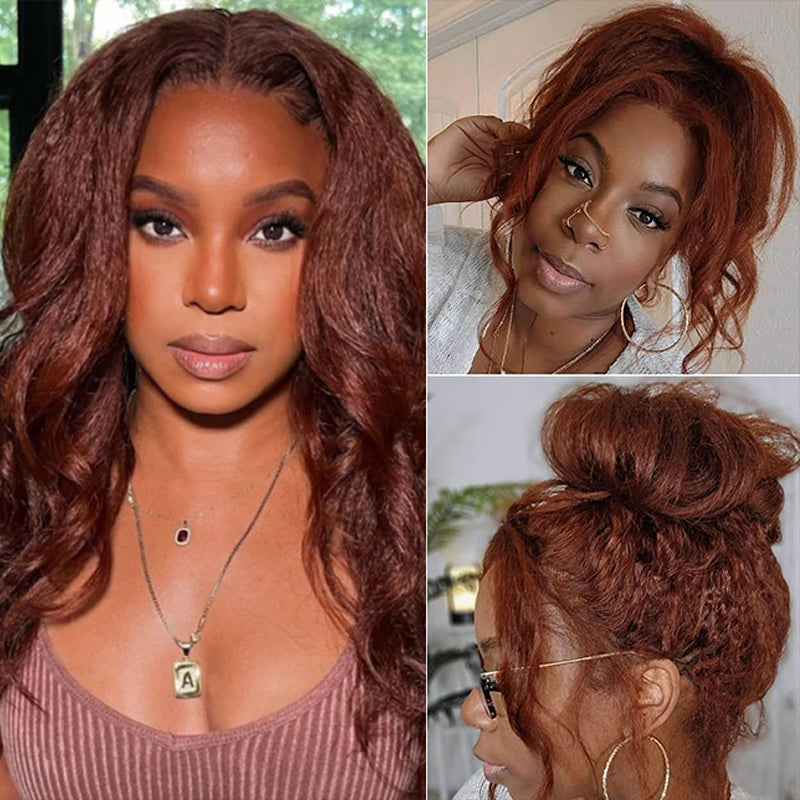 Pizazz Hair Kinky Straight  #33 Reddish Brown Color Invisible-Pull String 360 Lace Frontal Wigs Glueless HD Lace Human Hair Wigs