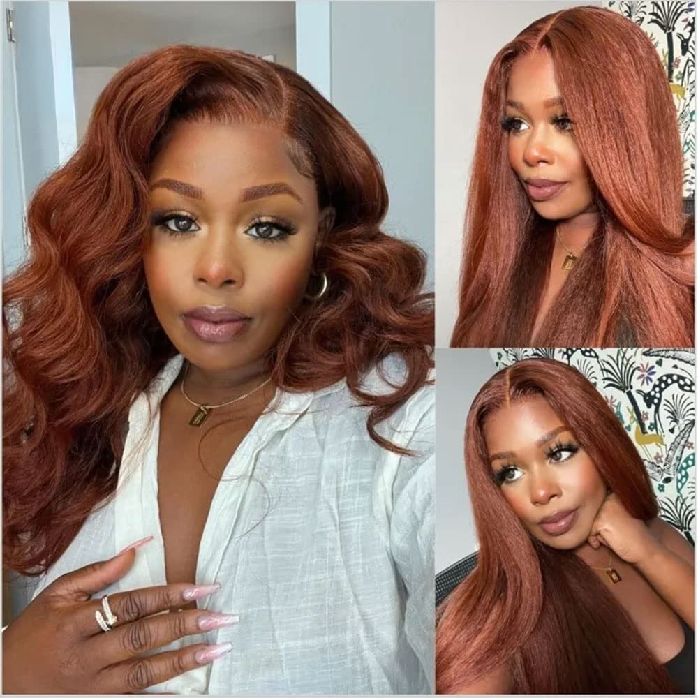 Pizazz Hair Kinky Straight  #33 Reddish Brown Color Invisible-Pull String 360 Lace Frontal Wigs Glueless HD Lace Human Hair Wigs