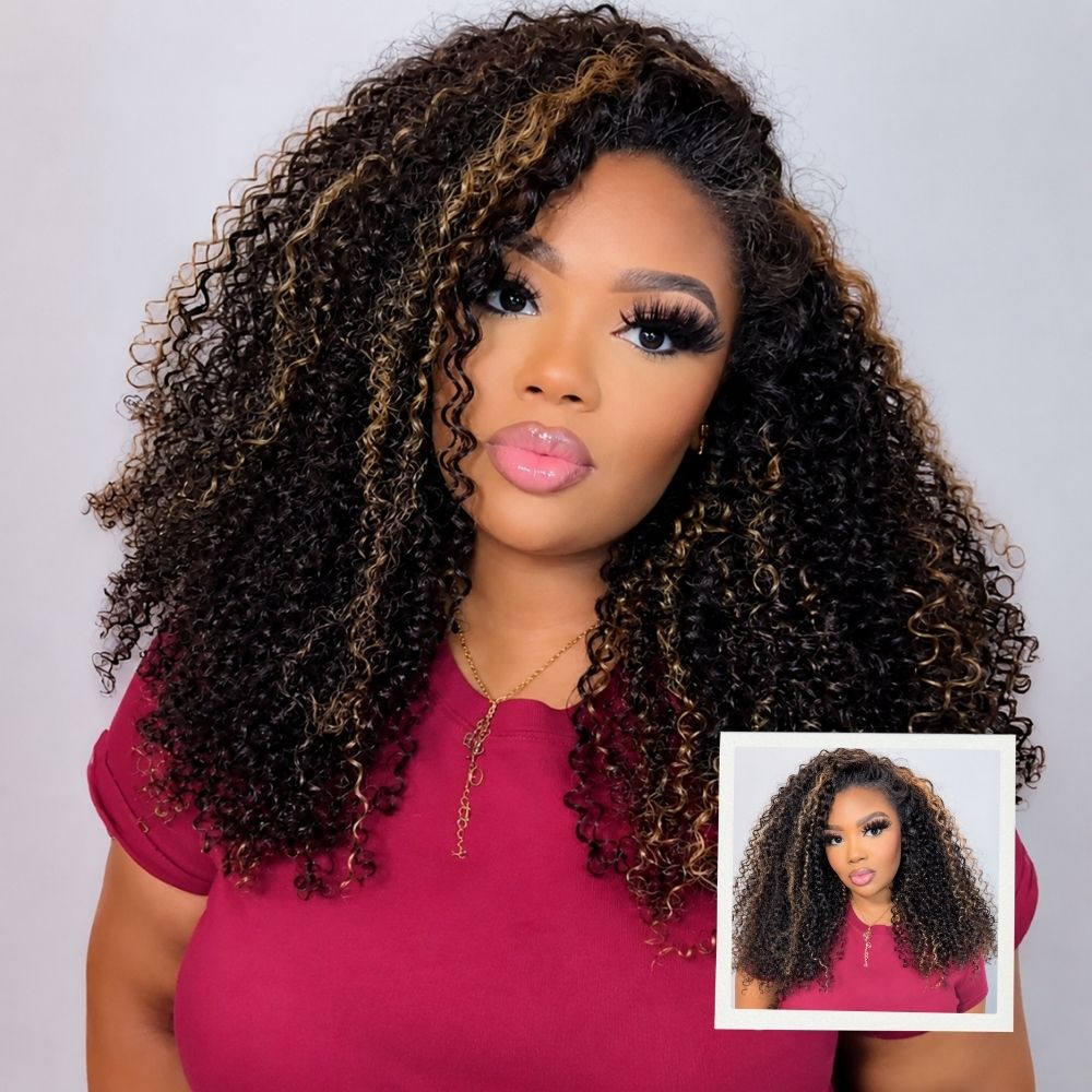 3 In 1 Half Wig | Highlight Brown Jerry Curly No Glue Needed Install Flip Over Half Wig With Adjustable Drawstring