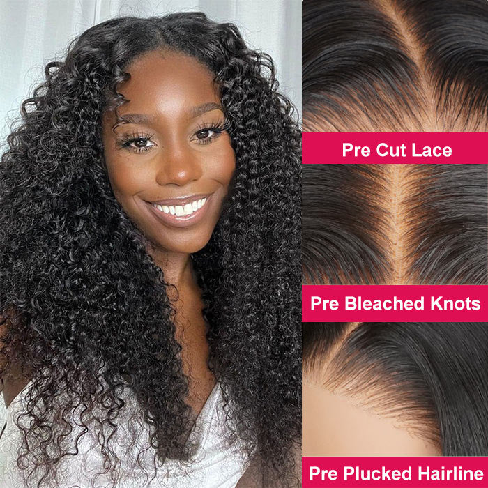 Pre Everything Glueless Wig Pre Cut HD Lace Wigs Human Hair Curly Wigs Pre Plucked Pre Bleached Natural Black Wigs