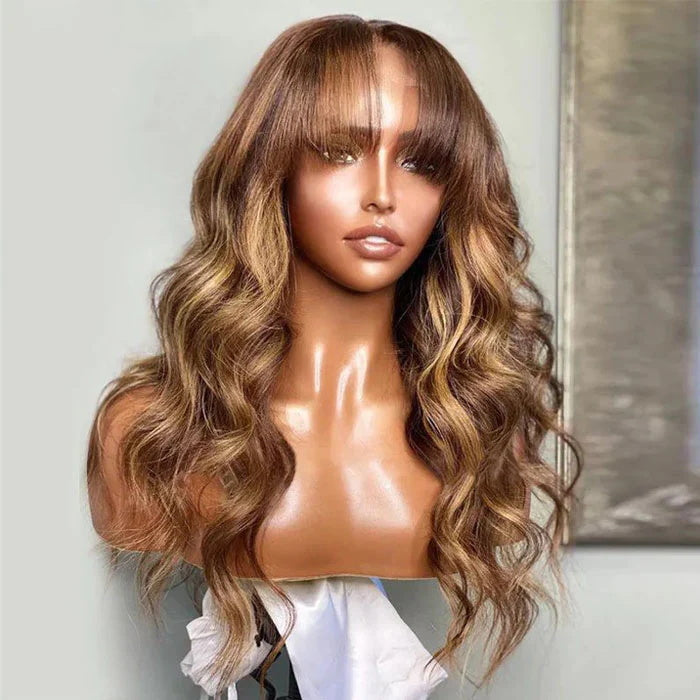 Curtain Bangs Highlight Honey Blonde Ombre 4/27 Body Wave Human Hair Glueless HD Lace Wigs