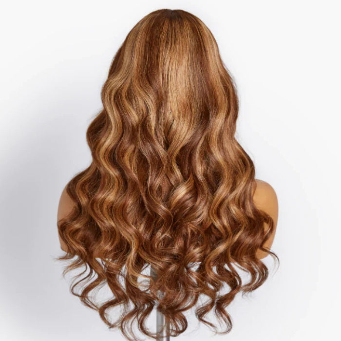 Curtain Bangs Highlight Honey Blonde Ombre 4/27 Body Wave Human Hair Glueless HD Lace Wigs