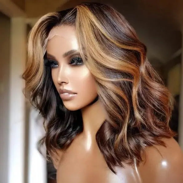 Pizazz Highlight Color Short Body Wave Human Hair 8X5 Glueless Wig Glueless Shoulder Length