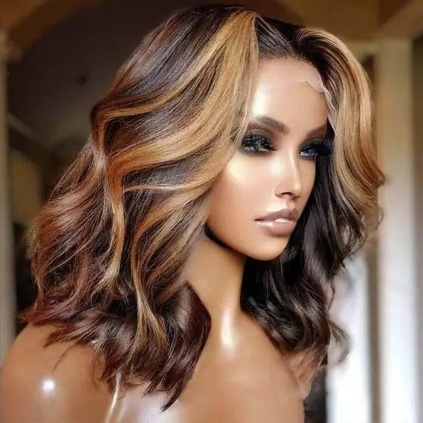Pizazz Highlight Color Short Body Wave Human Hair 8X5 Glueless Wig Glueless Shoulder Length