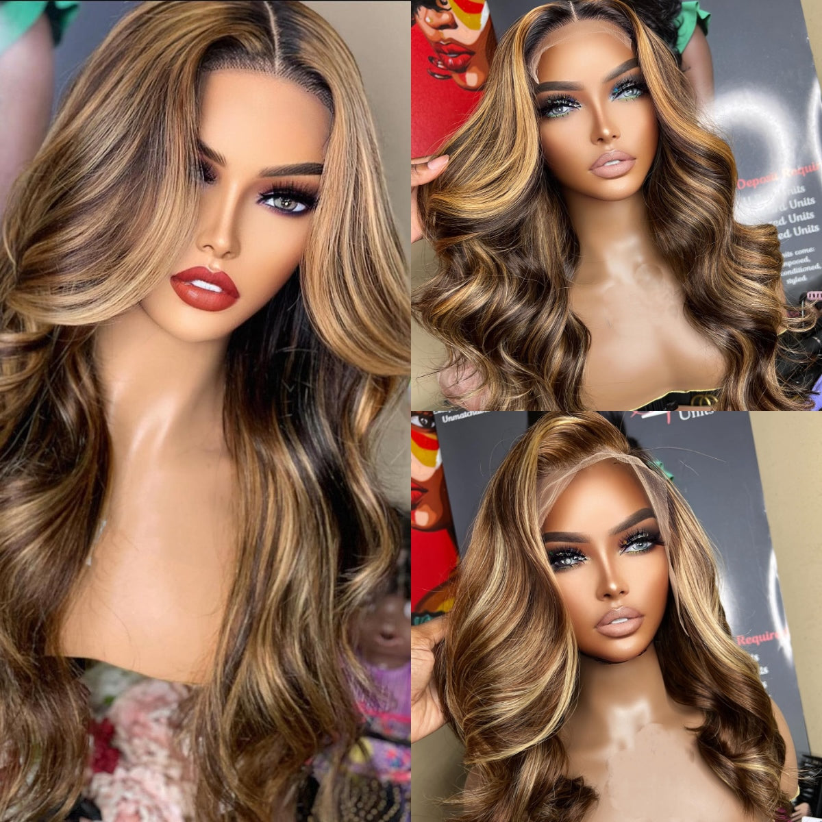 Curtain Bangs Highlight Honey Blonde Ombre 4/27 Body Wave Human Hair Glueless HD Lace Wigs