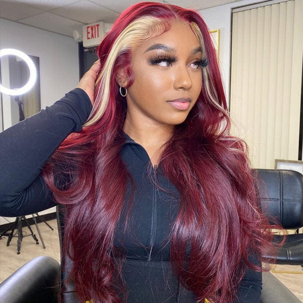 Burgundy With Blonde Highlights 13x6 Lace Front Wig Skunk Stripe Hair Wigs