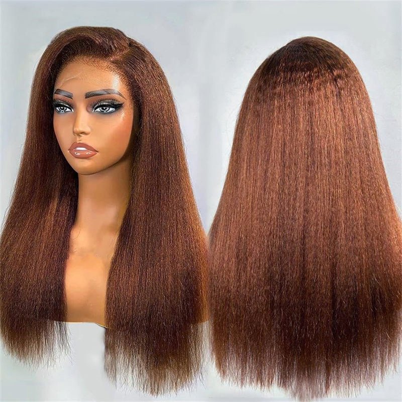 Pizazz Hair Kinky Straight  #33 Reddish Brown Color Invisible-Pull String 360 Lace Frontal Wigs Glueless HD Lace Human Hair Wigs