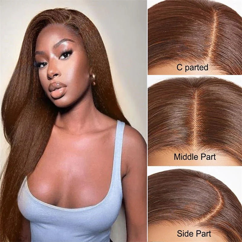 Pizazz Hair Kinky Straight  #33 Reddish Brown Color Invisible-Pull String 360 Lace Frontal Wigs Glueless HD Lace Human Hair Wigs