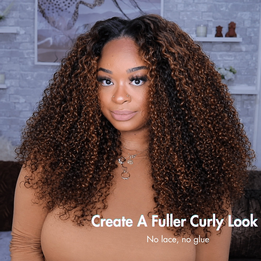 3 In 1 Half Wig | Balayage Highlight Ombre Brown Curly No Glue Needed Install Flip Over Half Wig With Adjustable Drawstring