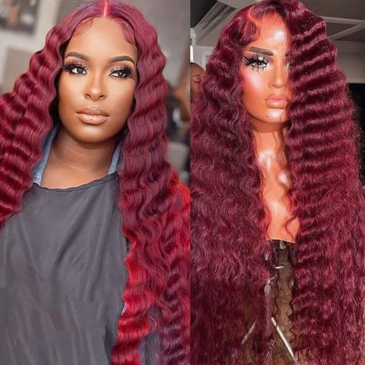 Loose Crimps Wave 99j Burgundy Lace Front Wig 13x4 13x6 HD Lace Human Hair Wigs