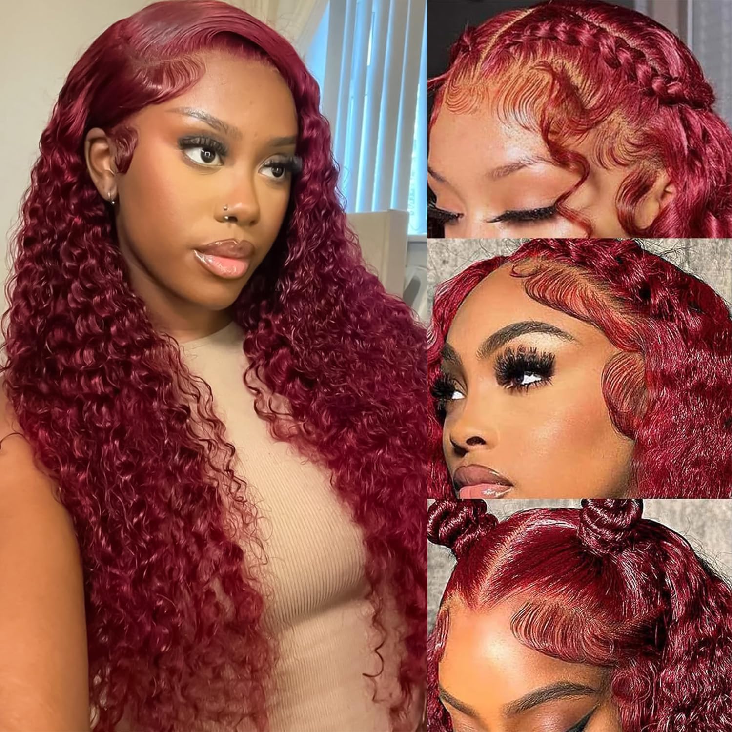 Pizazz Hair 99J Burgundy Deep Wave Lace Front Wigs Human Hair 250% Density 13x6 Glueless HD Transparent Lace Frontal Wigs