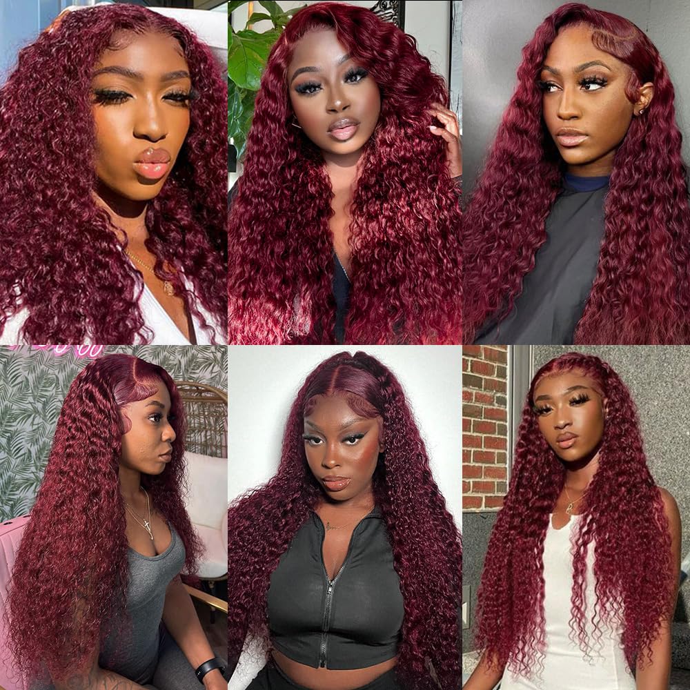 Pizazz Hair 99J Burgundy Deep Wave Lace Front Wigs Human Hair 250% Density 13x6 Glueless HD Transparent Lace Frontal Wigs