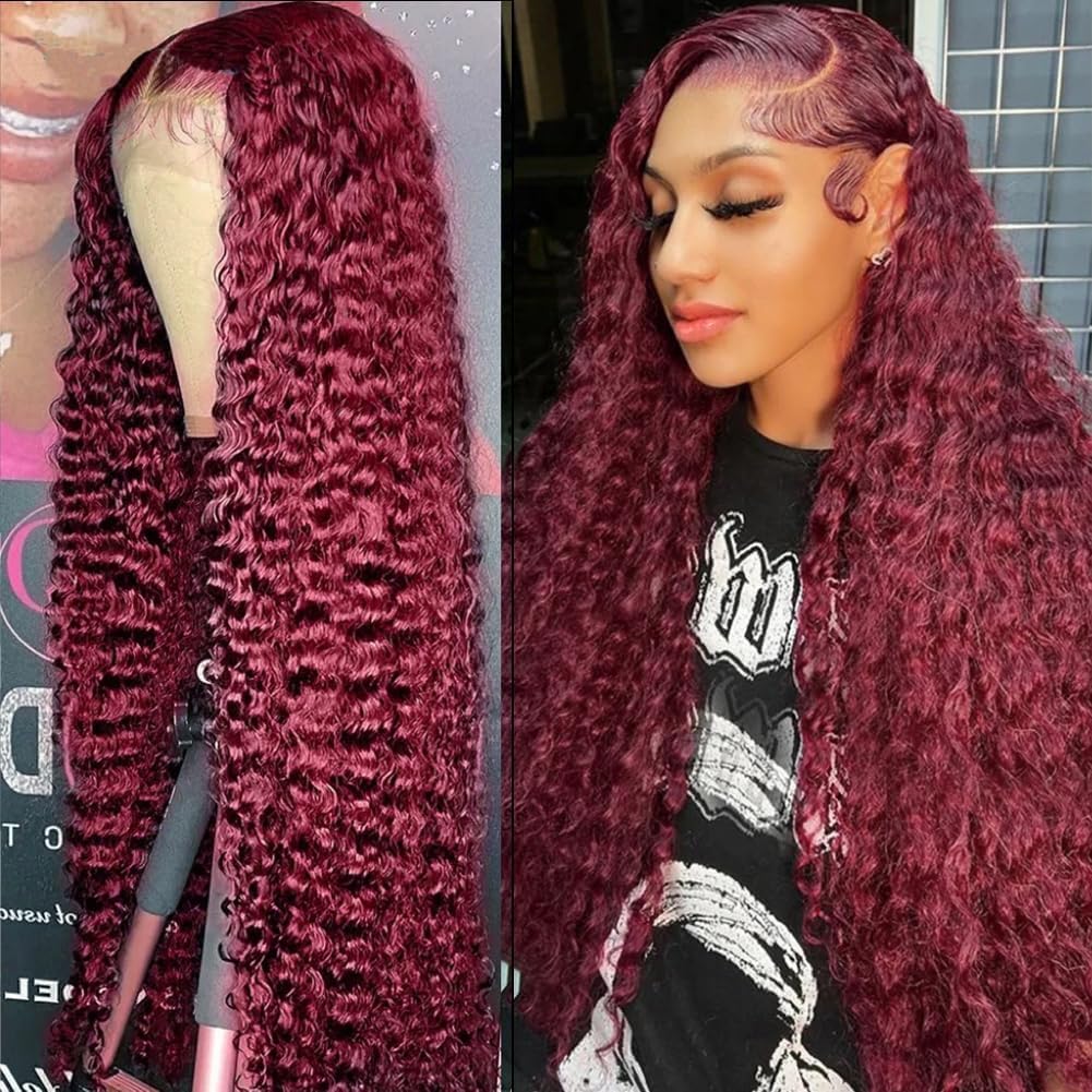 Pizazz Hair 99J Burgundy Deep Wave Lace Front Wigs Human Hair 250% Density 13x6 Glueless HD Transparent Lace Frontal Wigs