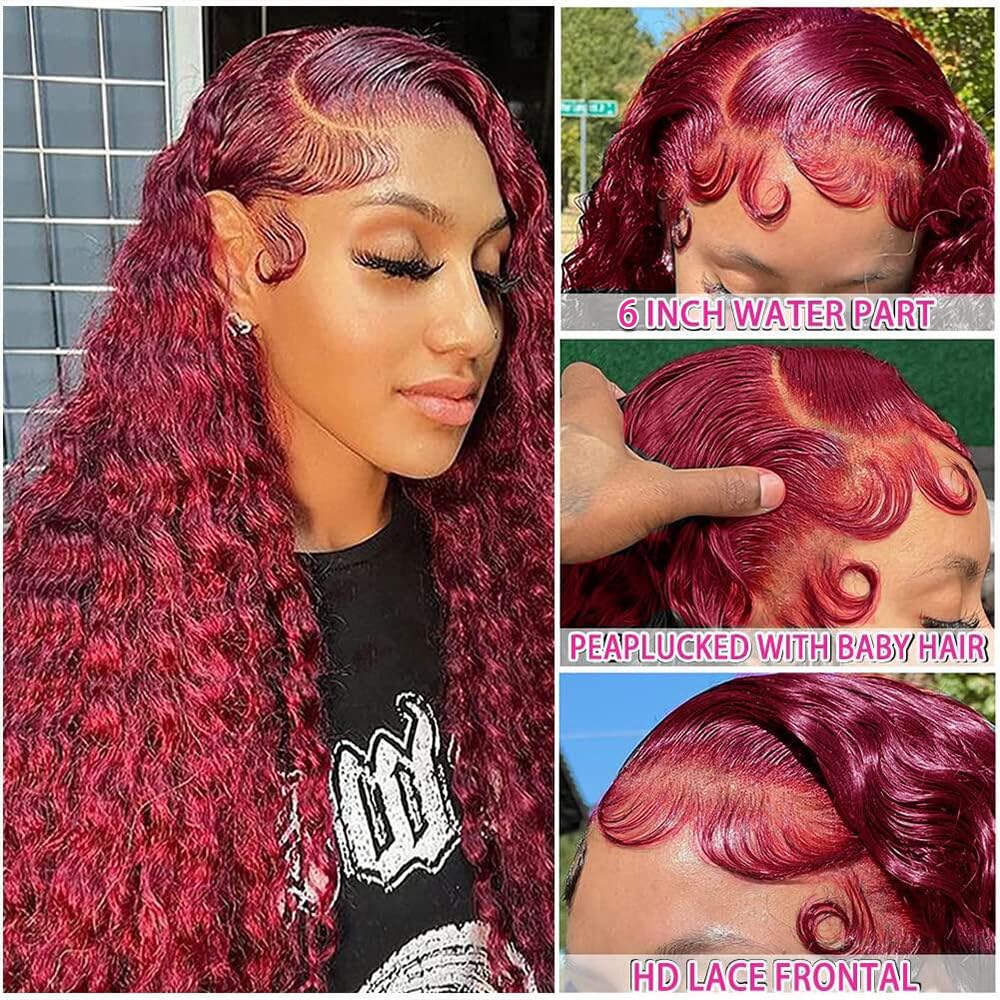 Pizazz Hair 99J Burgundy Deep Wave Lace Front Wigs Human Hair 250% Density 13x6 Glueless HD Transparent Lace Frontal Wigs