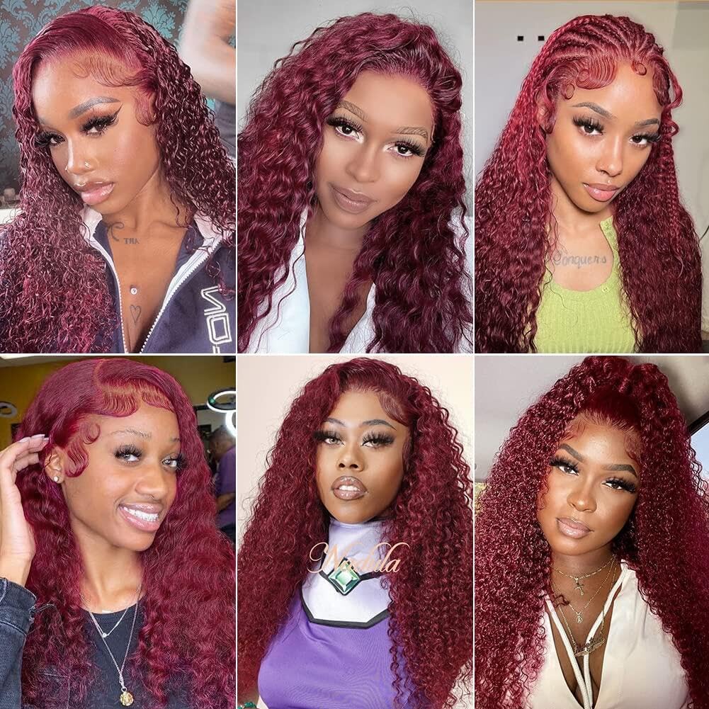 Pizazz Hair 99J Burgundy Deep Wave Lace Front Wigs Human Hair 250% Density 13x6 Glueless HD Transparent Lace Frontal Wigs