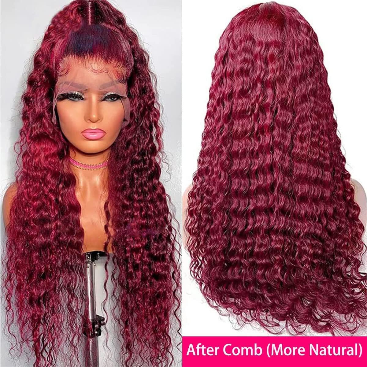 Pizazz Hair 99J Burgundy Deep Wave Lace Front Wigs Human Hair 250% Density 13x6 Glueless HD Transparent Lace Frontal Wigs
