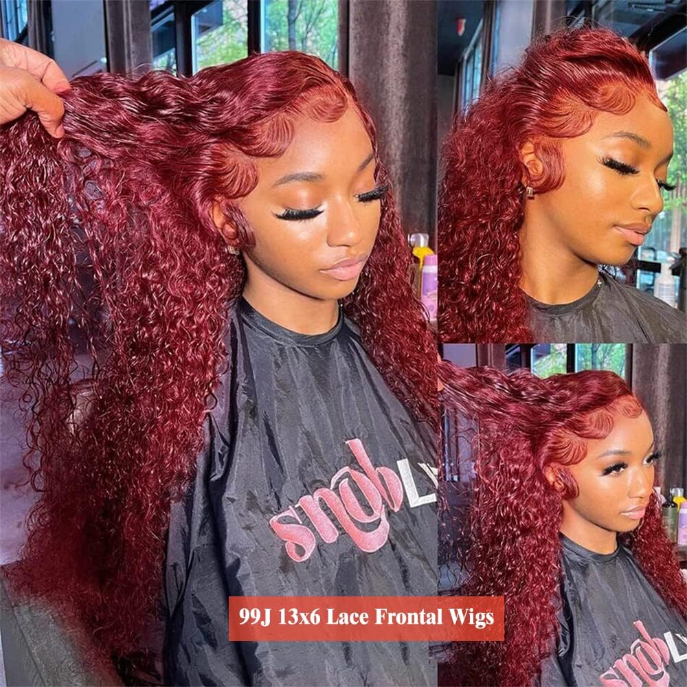 Pizazz Hair 99J Burgundy Deep Wave Lace Front Wigs Human Hair 250% Density 13x6 Glueless HD Transparent Lace Frontal Wigs