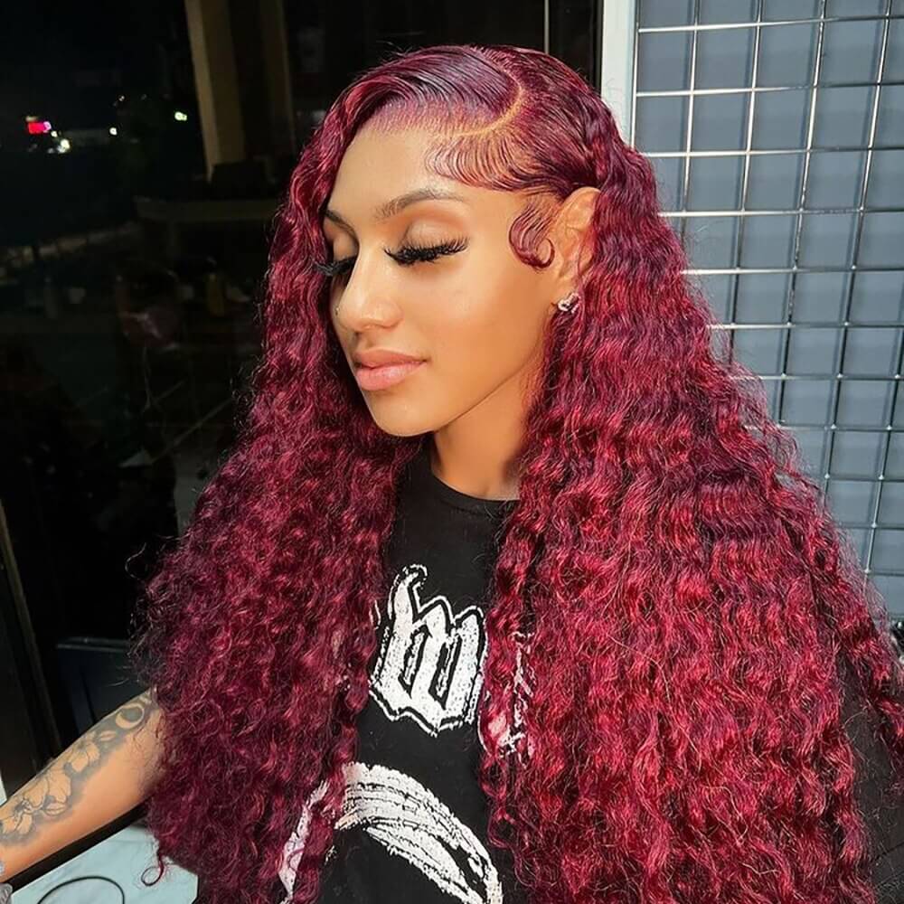 Color 99j Burgundy Deep Wave Human Hair Wigs Pre Colored HD Lace Front
