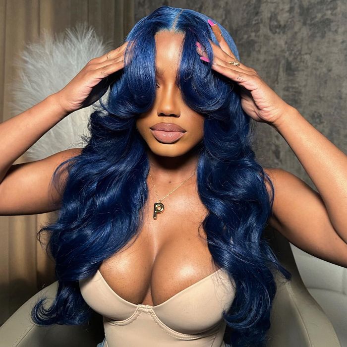 Bule Curtain Bangs Body Wave Human Hair Wig