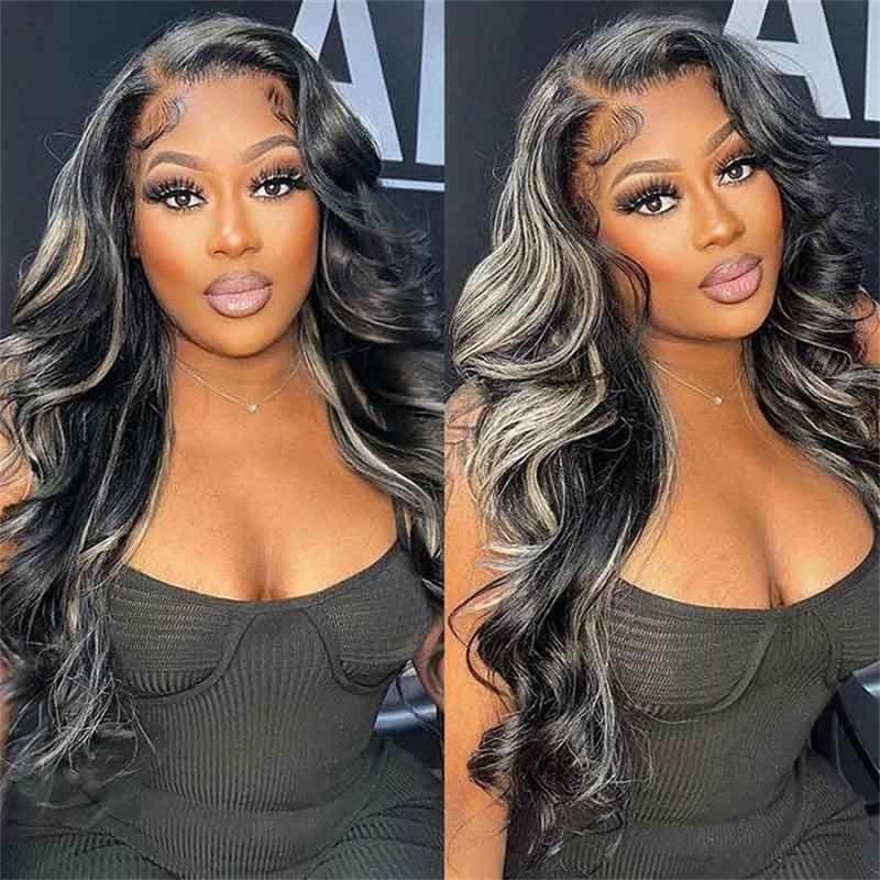#1b/613 Black Wig with Blonde Highlight 13x4 HD Lace Front Human Hair Wigs
