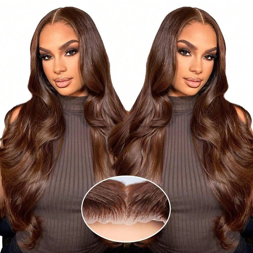 Pizazz New 4# Chocolate Brown Body Wave 13X6 HD Lace Human Hair Wigs Pre Plucked Hairline 180% Density