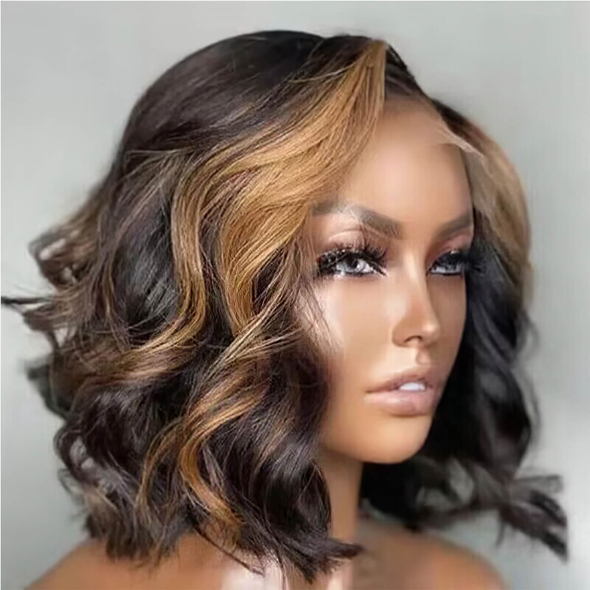 Pizazz Highlight Color Short Body Wave Human Hair 8X5 Glueless Wig Glueless Shoulder Length
