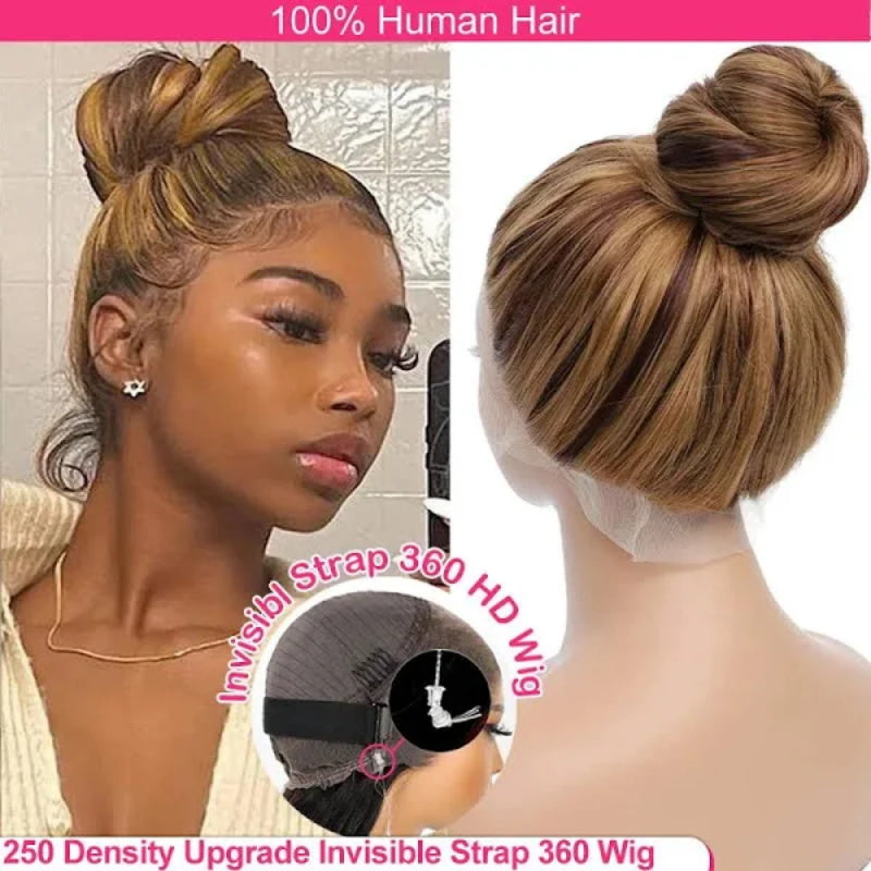 P4/27 Omber Highlight Color Invisi-Strap 360 Lace Front Wigs 250% Density