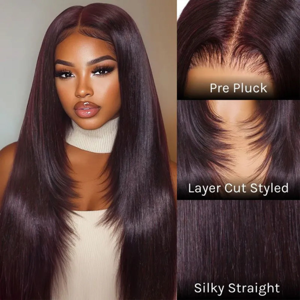 Pizazz Hair Black Cherry Layered Cut 8x5 Glueless Wig Straight/Body Wave And 13x4 Lace Front Human Hair Wigs 220% Density