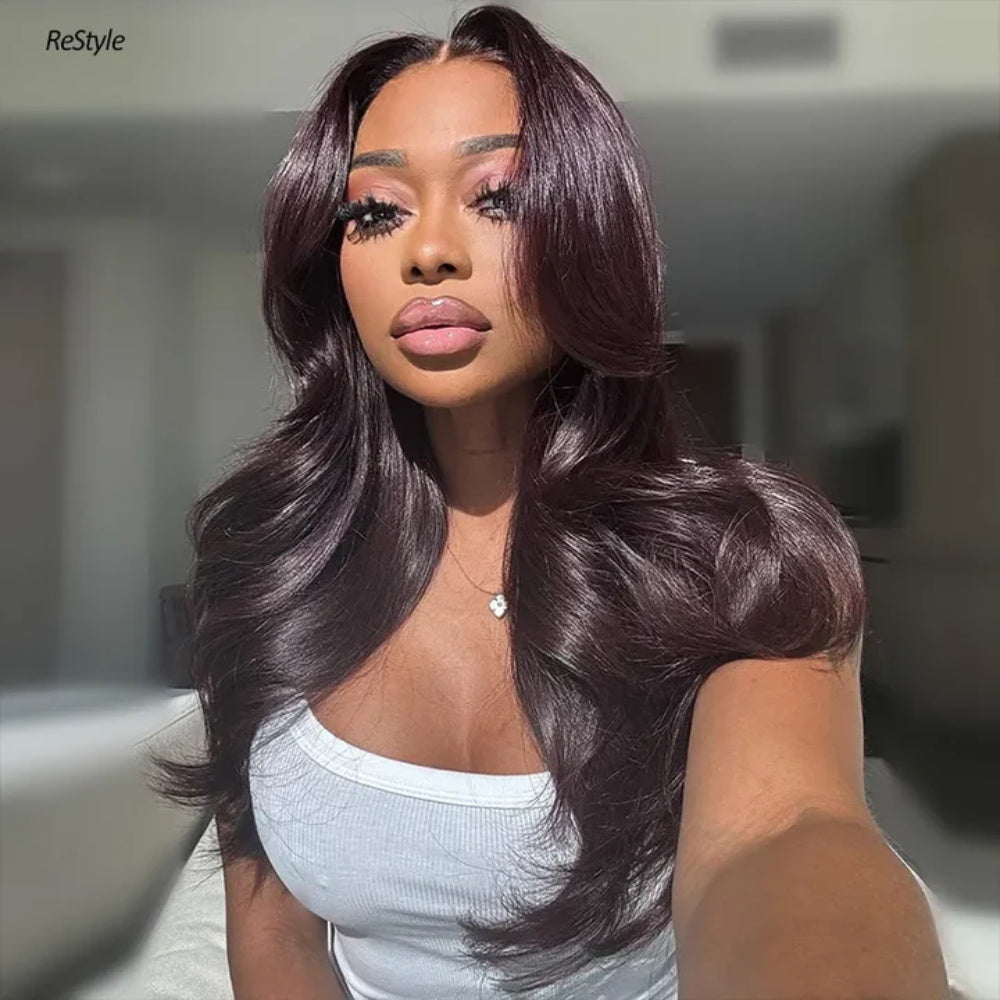 Pizazz Hair Black Cherry Layered Cut 8x5 Glueless Wig Straight/Body Wave And 13x4 Lace Front Human Hair Wigs 220% Density