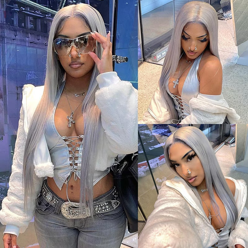 5*5 HD Silver Grey Straight Hair Colored Lace Front Wigs