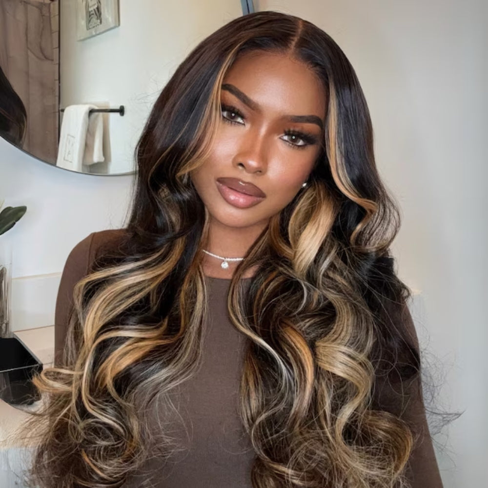 Butterscotch Highlights Brown Wig #1B/27 Highlight Colored Wigs Body Wave Wig 180% 250% Density