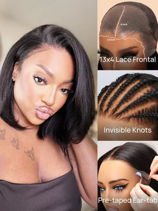 Pizazz Hair Yaki Straight Put On and Go Glueless Lace Wigs 8x5 Pre-cut Human Hair Lace Wig Kinky Straight