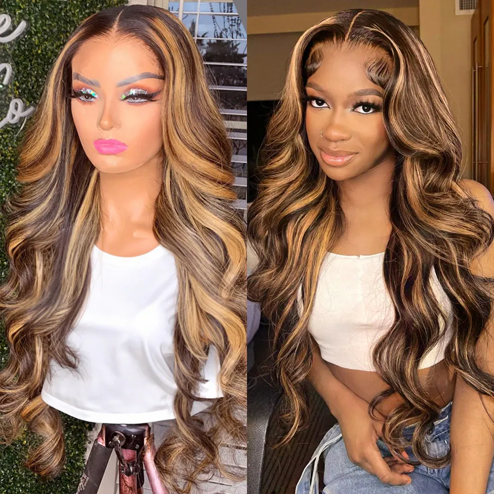 Curtain Bangs Highlight Honey Blonde Ombre 4/27 Body Wave Human Hair Glueless HD Lace Wigs