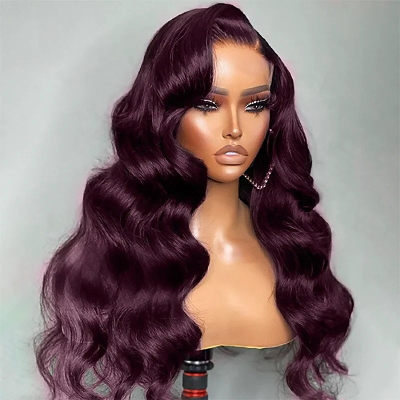 Rich Dark Plum Loose Body Wave Lace Frontal Wigs Human Hair Glueles Invisible HD Lace Wig Pre-Cut Lace