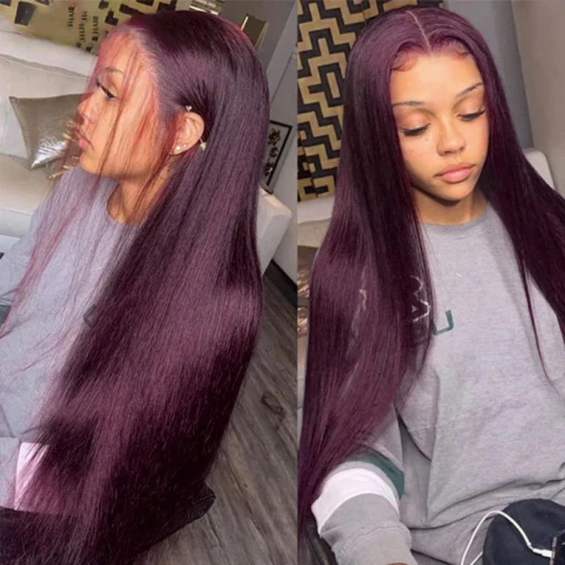 Black Cherry Dark Purple Sugar Plum Straight 13x6 HD Lace Front Wigs Human Hair Wigs