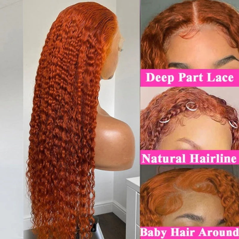 Pizazz Hair- Ginger Orange 13x6/13x4 Water Wave Human Hair Lace Front Wigs 180% 250% Density