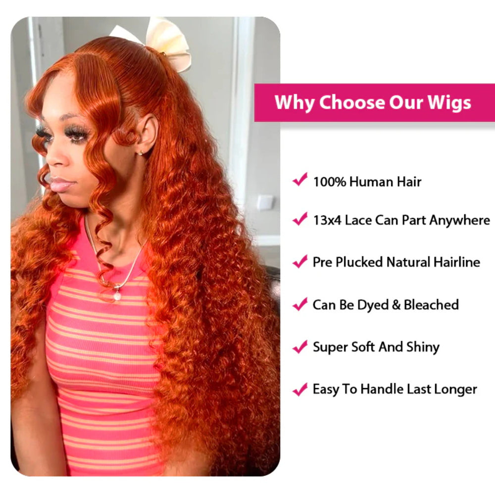 Pizazz Hair- Ginger Orange 13x6/13x4 Water Wave Human Hair Lace Front Wigs 180% 250% Density