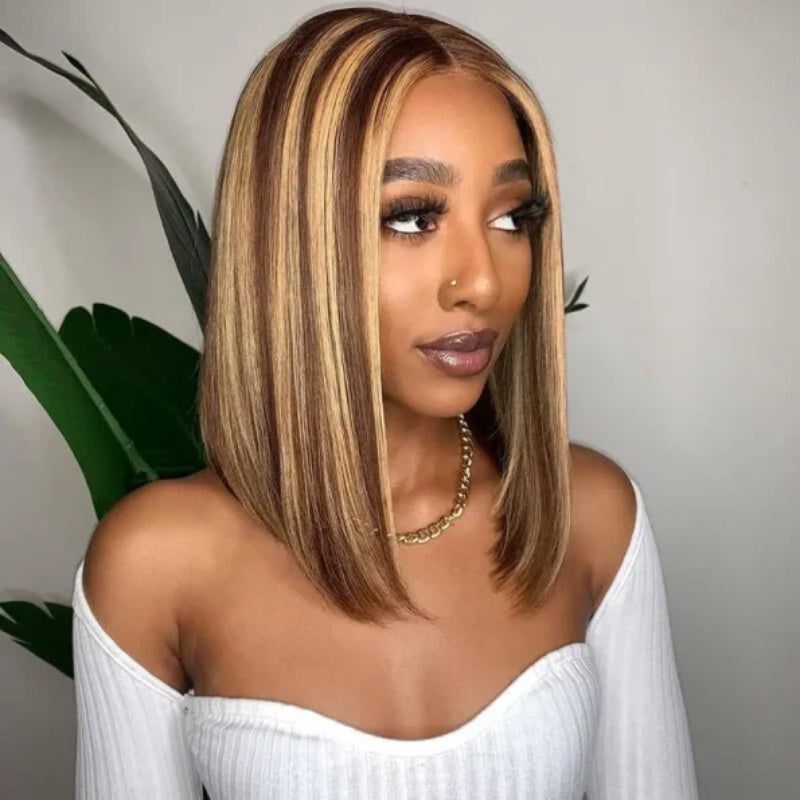 Honey Blonde Highlight P4/27 Bob Wig Human Hair 13x4 HD Lace Frontal Wig Ombre Brown 230% Density