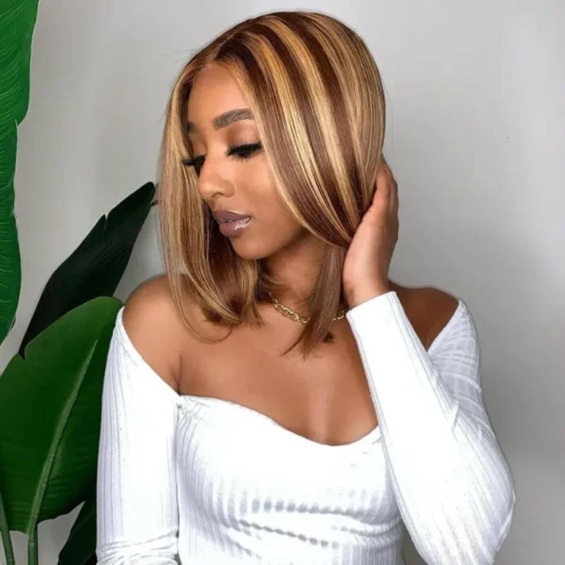 Honey Blonde Highlight P4/27 Bob Wig Human Hair 13x4 HD Lace Frontal Wig Ombre Brown 230% Density